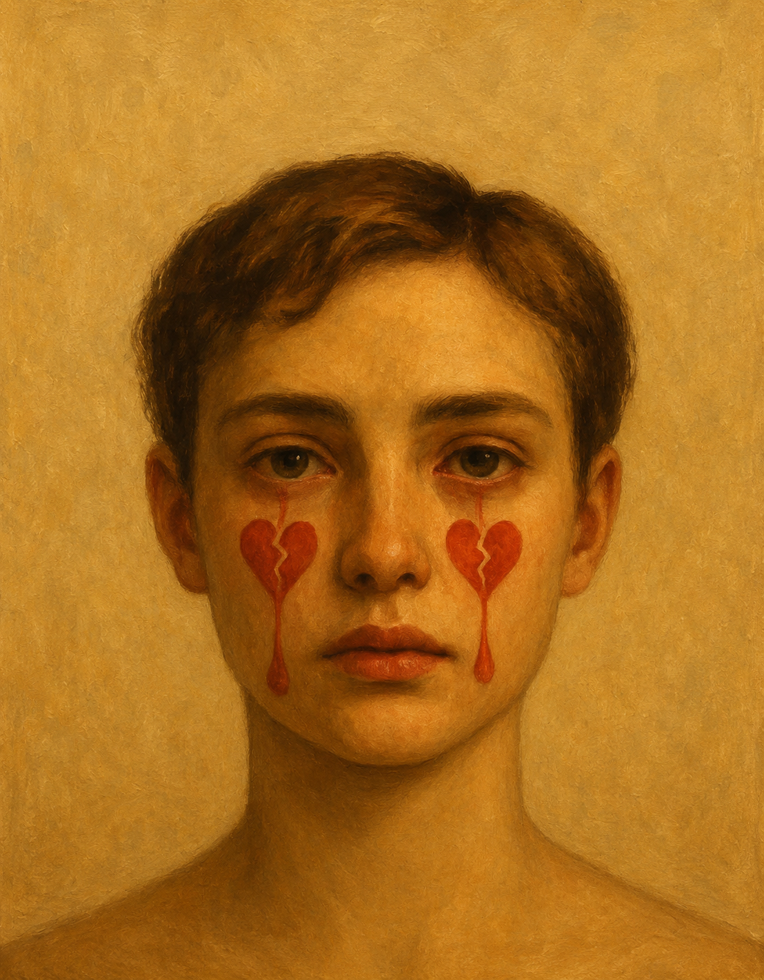 Portrait of a young figure with broken hearts painted beneath each eye